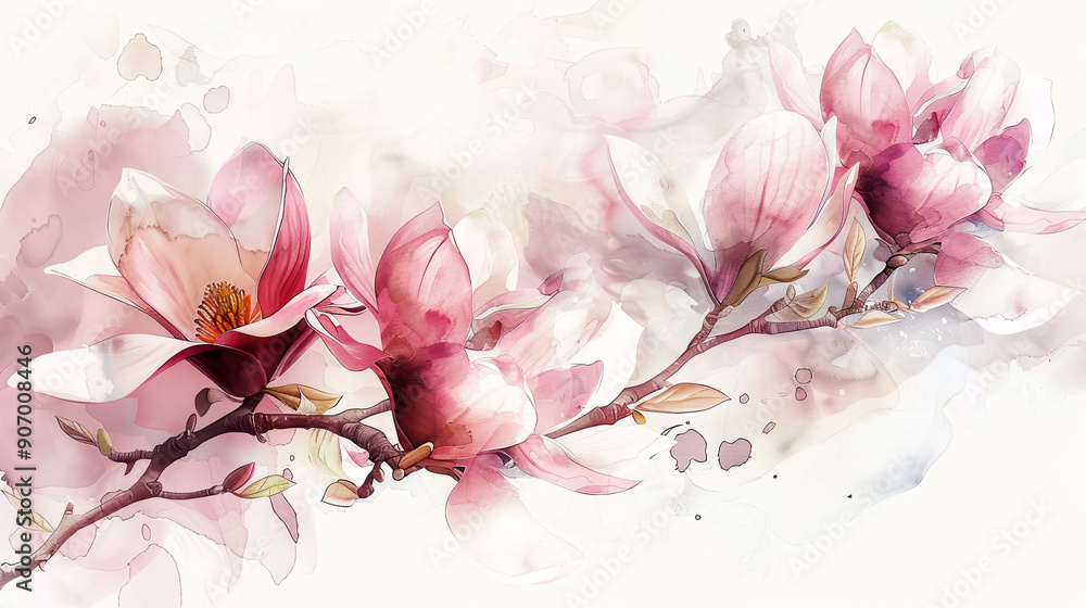 Watercolor magnolias with feathering, smooth and flowing edges, elegant and delicate, clean background Watercolor magnolias with feathering, smooth and flowing edges, elegant and delicate, clean background