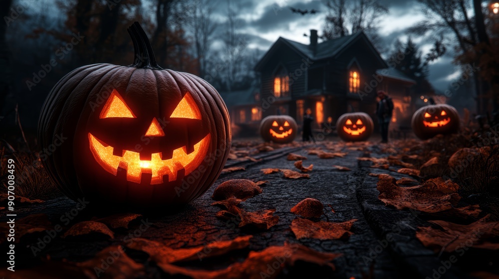 Fototapeta premium A spooky Halloween street scene with trick-or-treaters, glowing pumpkins, and decorated houses, high-resolution photo, realistic photo