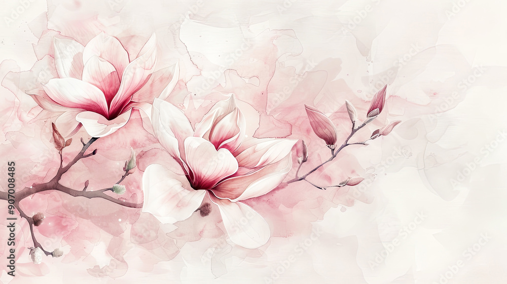 Watercolor magnolias with feathering, smooth and flowing edges, elegant and delicate, clean background Watercolor magnolias with feathering, smooth and flowing edges, elegant and delicate, clean background