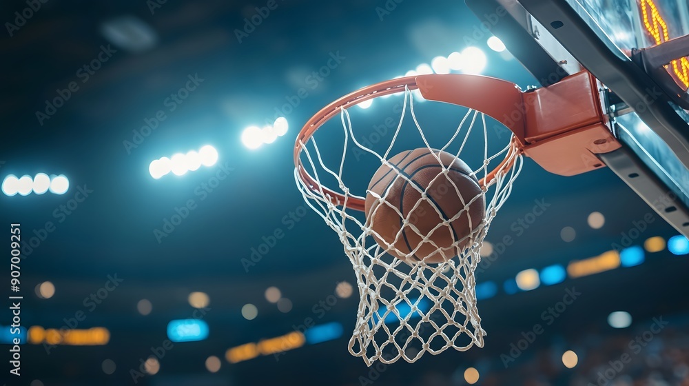 Show a basketball scoring a basket, passing through the hoop and swishing in the net, with the scoreboard in the background. Show a basketball scoring a basket, passing through the hoop and swishing in the net, with the scoreboard in the background.