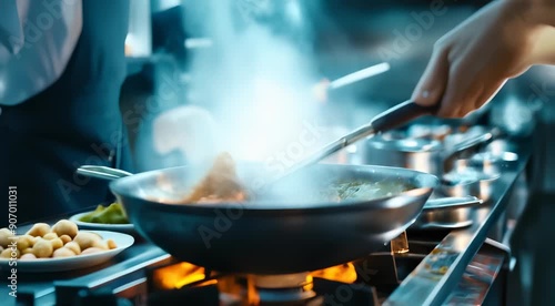 Chefs cooking in a professional kitchen, focusing on a chef stirring food in a wok with steam and flames visible.