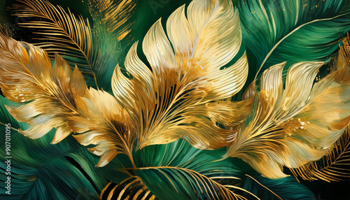 Abstract art gold tropical leaves background. Luxury wallpaper.