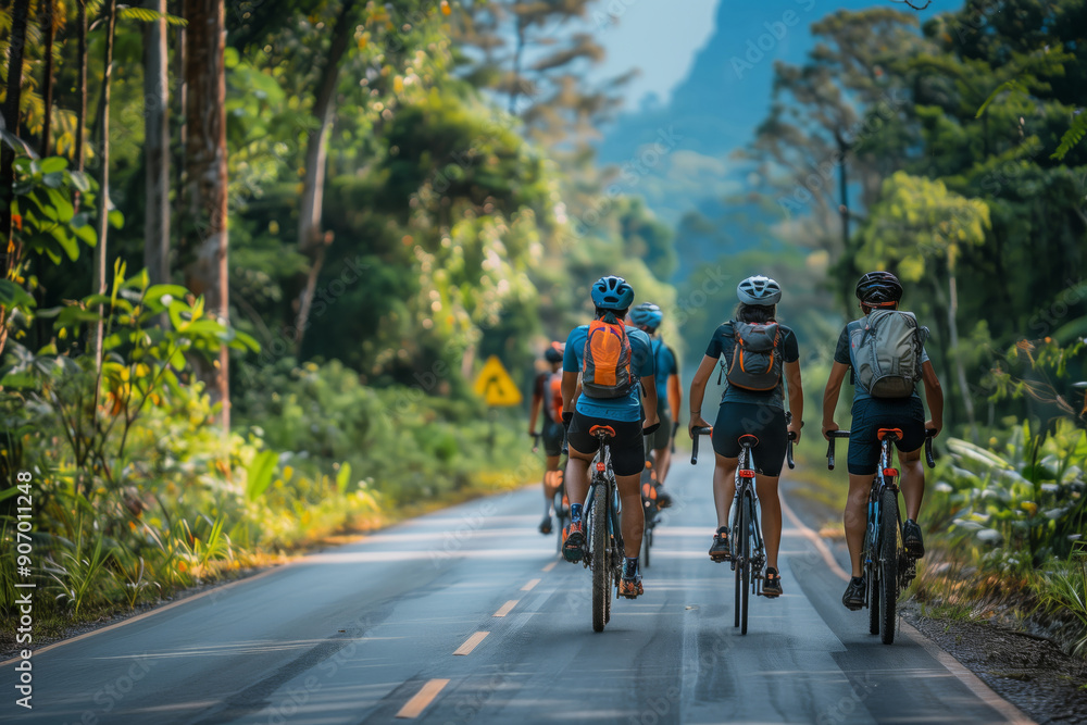 Fototapeta premium Group of Cyclists Navigating a Scenic Rural Route Amidst Lush Greenery
