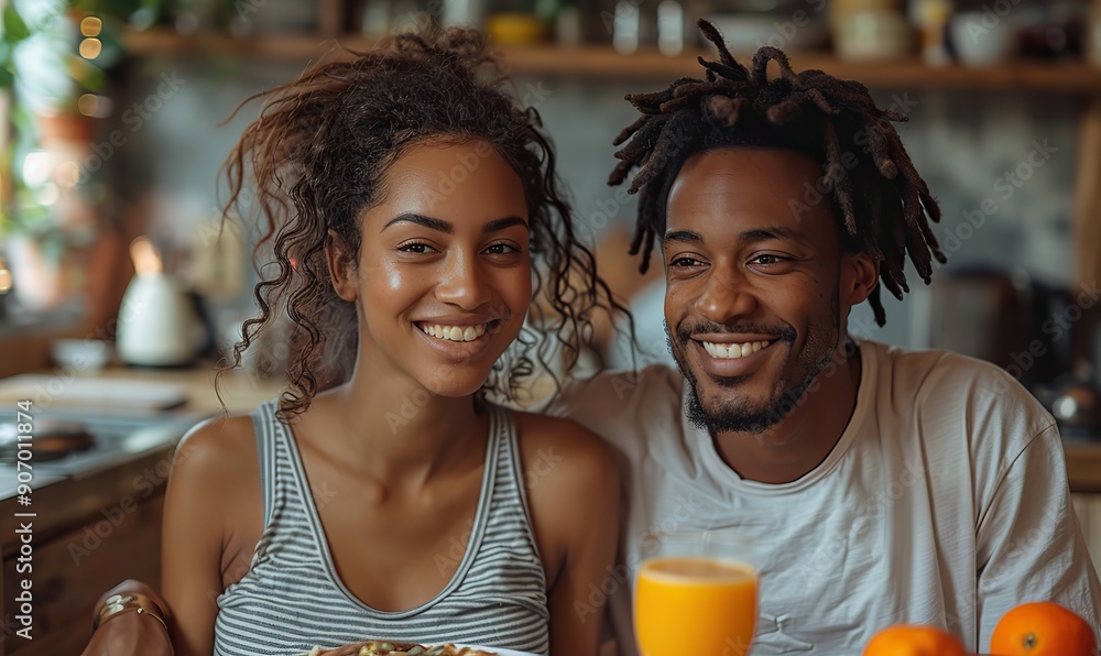 The couple, eating breakfast early in their kitchen, enjoyed a happy morning at home. The couple, eating breakfast early in their kitchen, enjoyed a happy morning at home.