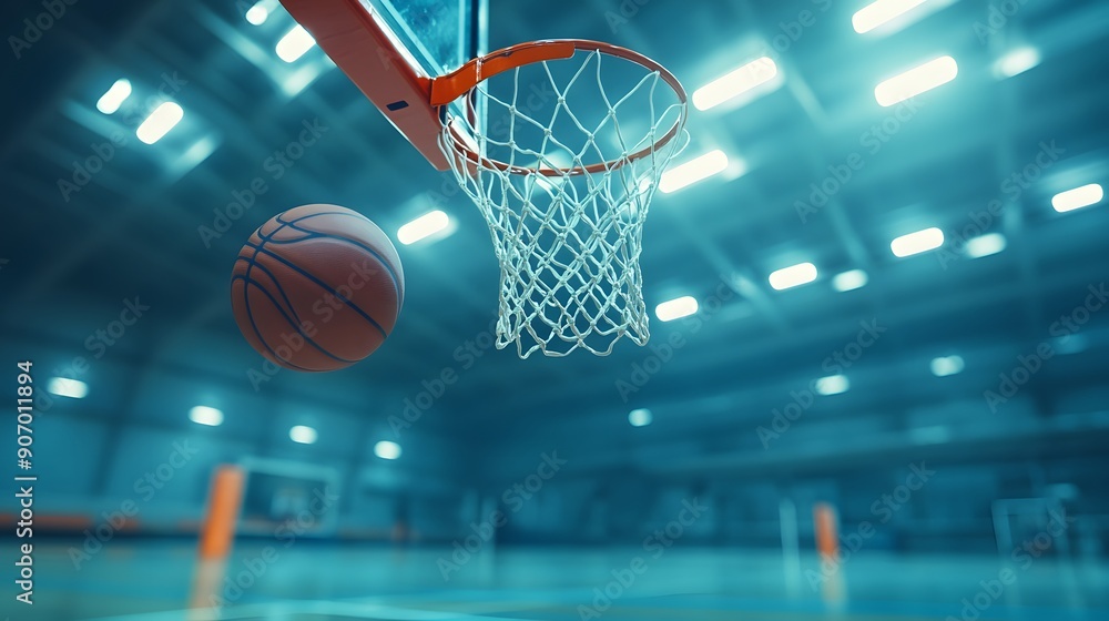 Show a basketball making a perfect swish through the hoop, with the net fully extended and the gym environment in the background. Show a basketball making a perfect swish through the hoop, with the net fully extended and the gym environment in the background.