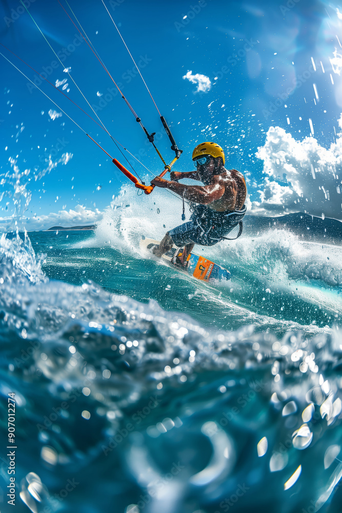Naklejka premium Exciting Kiteboarding Adventure in the Ocean Under Bright Blue Skies