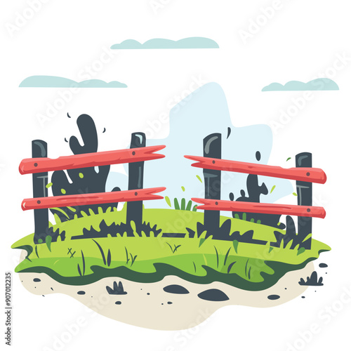 Broken wooden fence damaged cactus desert landscape. Cartoon illustration sandy terrain, splintered wood barrier, desolate environment. Sunny day, dilapidated ranch fencing, deserted scene artwork