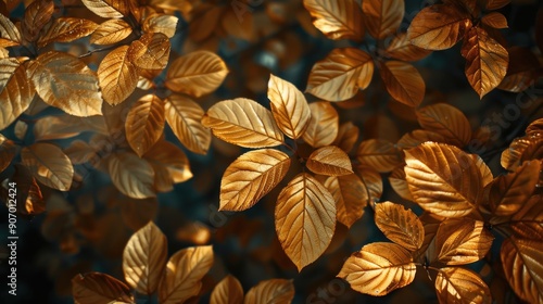Shiny golden leaves create a stunning natural backdrop with copy space in an abstract low key photo