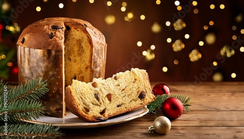 A slice of panettone on a wooden table. A slice of panettone on a wooden table. Food at Christmas time.

