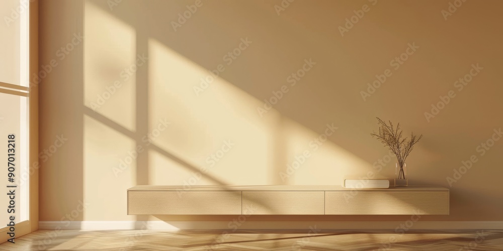 Beige home living room interior with drawer and empty space. Mockup wall, Generative AI Beige home living room interior with drawer and empty space. Mockup wall, Generative AI