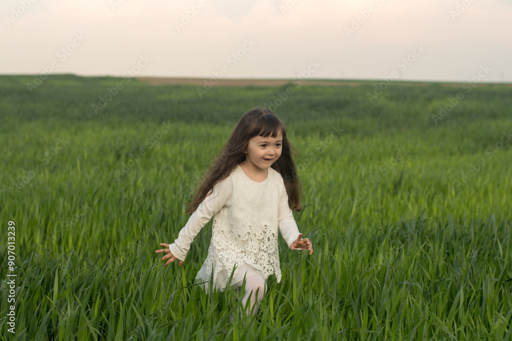 girl running across green field. tall grass, green wheat field girl running across green field. tall grass, green wheat field