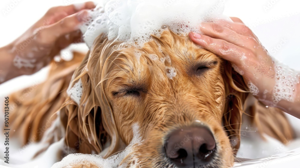 Obraz premium A dog is being washed by a person