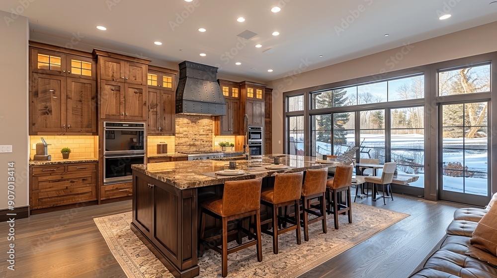 Modern kitchen with a large central island, rustic wooden cabinetry, and panoramic windows providing a scenic view of a snow-covered landscape outside Modern kitchen with a large central island, rustic wooden cabinetry, and panoramic windows providing a scenic view of a snow-covered landscape outside