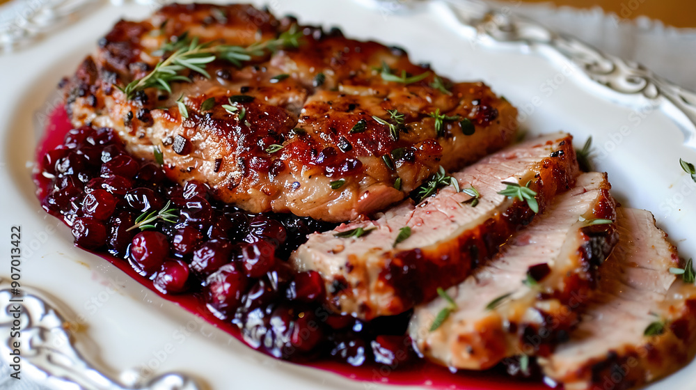 Grilled duck breast with cranberry sauce and rosemary on a white plate Grilled duck breast with cranberry sauce and rosemary on a white plate