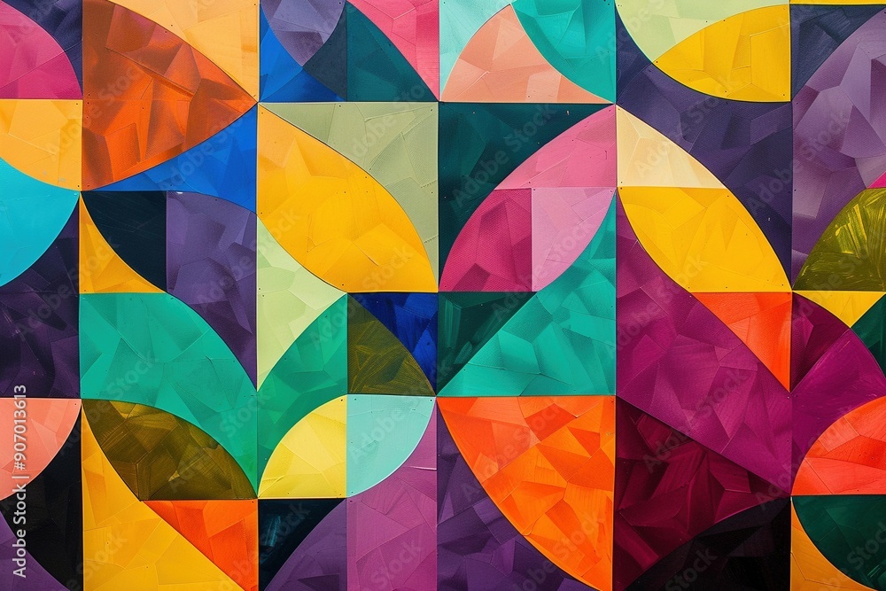 A dynamic composition of geometric shapes in vivid hues, seamlessly interlocked to form a complex, repeating pattern. A dynamic composition of geometric shapes in vivid hues, seamlessly interlocked to form a complex, repeating pattern.