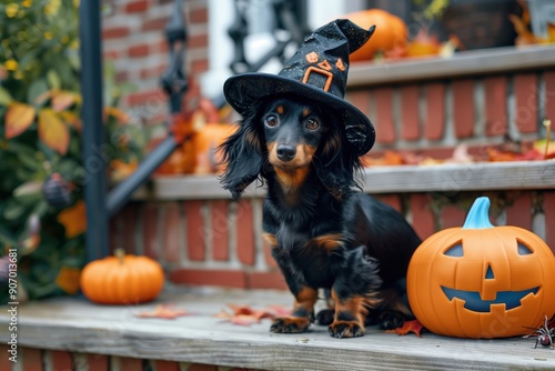 A black dachshund wearing a witch's hat sits on the steps of a house decorated for Halloween.