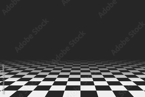 Retro perspective background stage with a black and white checkered floor, featuring vintage chess board style. Fading away vanishing checkerboard texture. Abstract vector illustration pattern surface