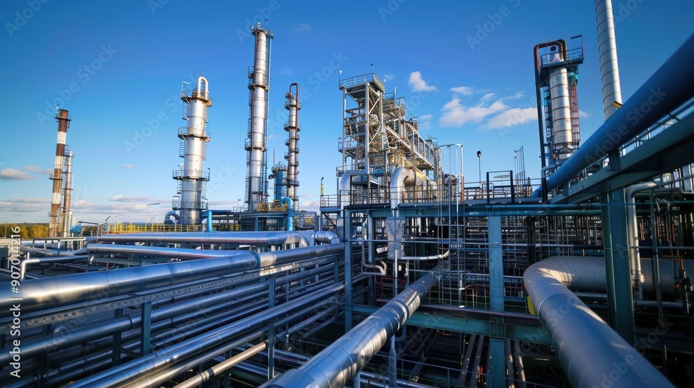 A Close-Up of an Industrial Refinery with Tall Towers and Pipelines A Close-Up of an Industrial Refinery with Tall Towers and Pipelines