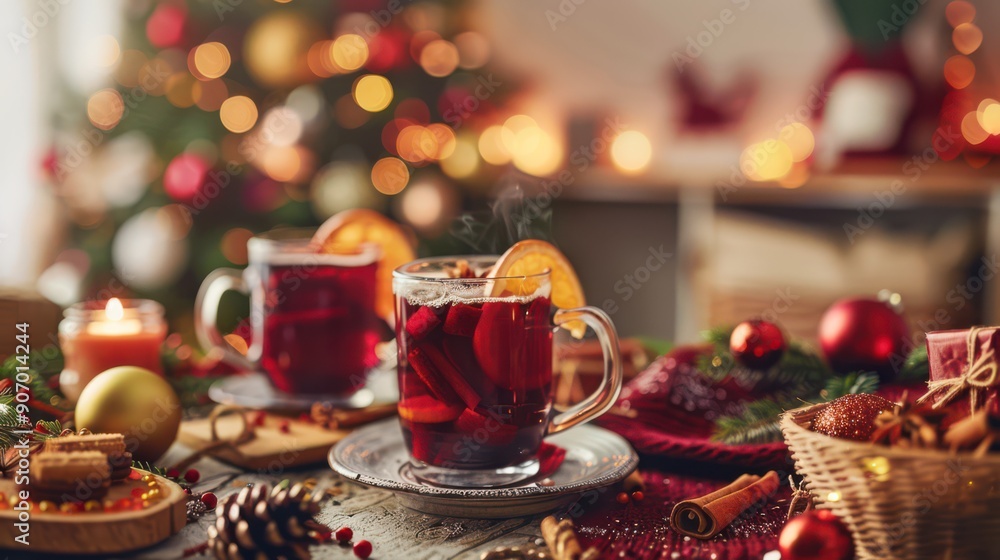 custom made wallpaper toronto digitalChristmas table with various hot drinks such as mulled wine, hot cider and hot chocolate, surrounded by Christmas decorations, cozy and warm background with space for text.
