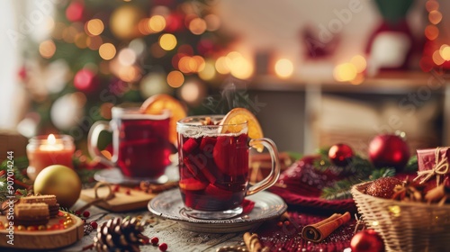 Wallpaper Mural Christmas table with various hot drinks such as mulled wine, hot cider and hot chocolate, surrounded by Christmas decorations, cozy and warm background with space for text. Torontodigital.ca