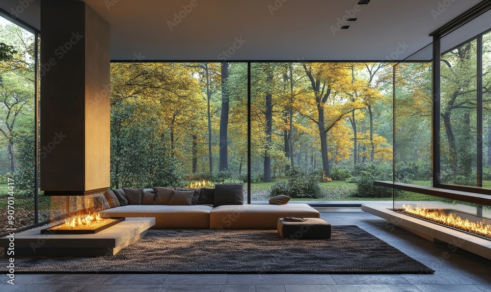 Modern interior with fireplace in house near forest, 3d render, Generative AI Modern interior with fireplace in house near forest, 3d render, Generative AI