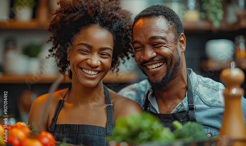 A couple in love is having fun, laughing while cooking vegetables in the kitchen. photo