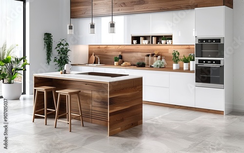 White and wooden kitchen interior featuring a central island.