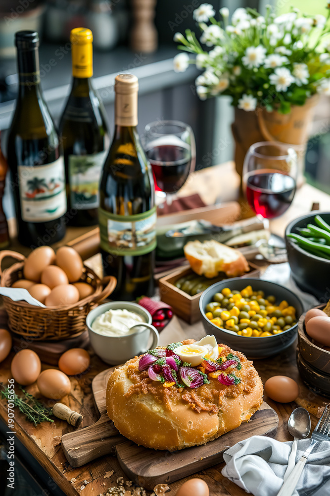Traditional italian antipasti on wooden board with wine, olives, eggs and vegetables Traditional italian antipasti on wooden board with wine, olives, eggs and vegetables