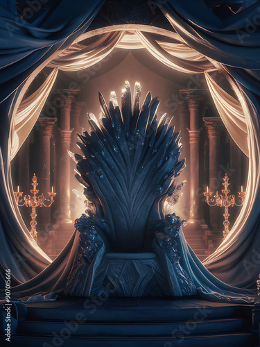 Majestic King throne kingdom illustration, King Throne illustration, Golden filigree throne room in a medieval hall.