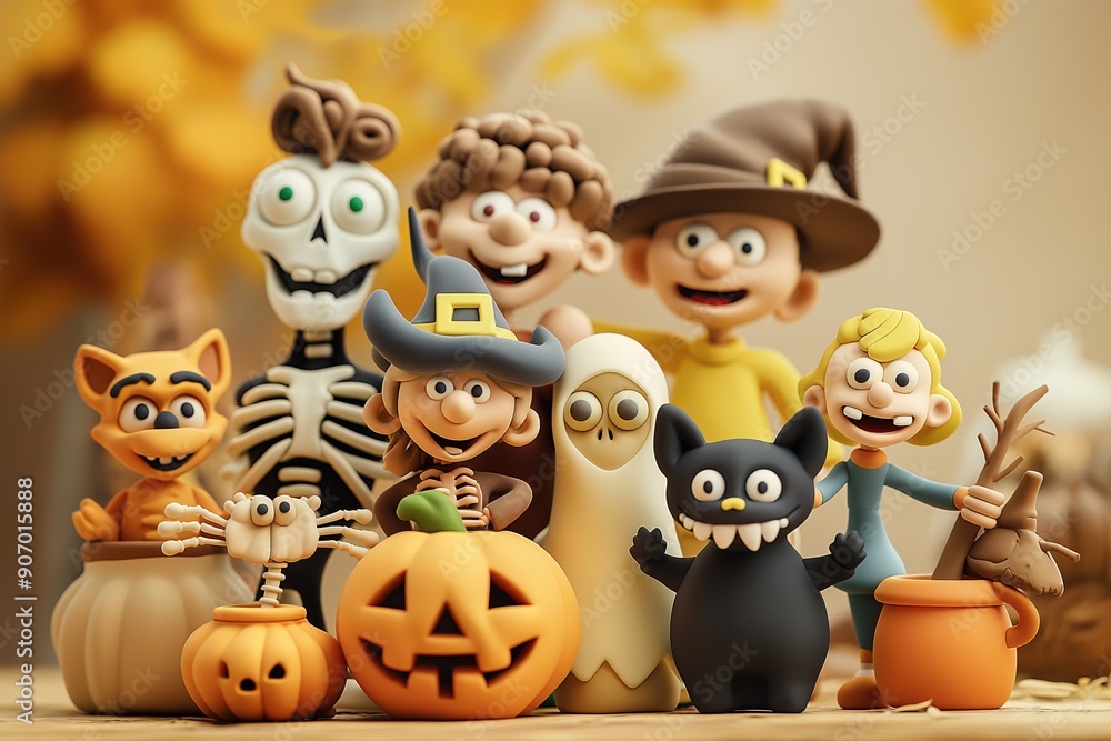 Naklejka premium different scary and funny figures from plastic clay - monsters, skeletons, cat, bat, pumpkin lantern, children's creativity, handicrafts. Decor for the holiday Halloween