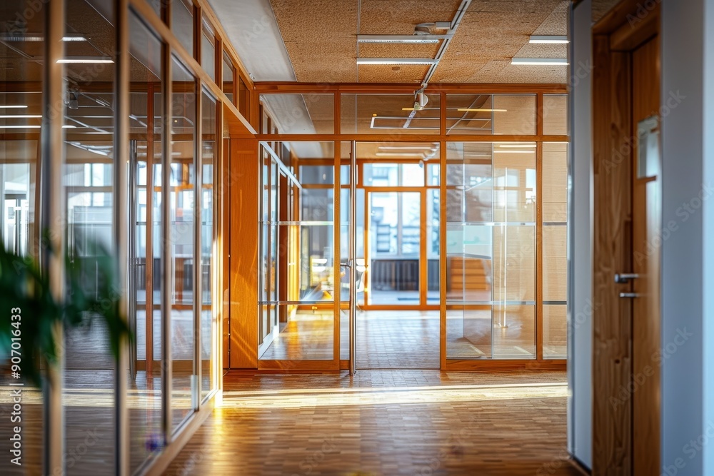 Fototapeta premium Wooden business interior with glass rooms and opened door, meeting space, Generative AI