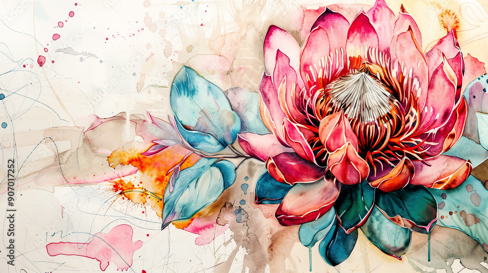 custom made wallpaper toronto digitalWatercolor Painting tropical protea with ink and wash combination, intricate and vibrant details, light background