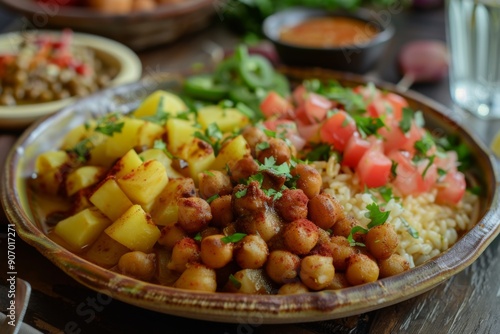 A plate of chotpoti with boiled chickpeas, potatoes, and tamarind sauce