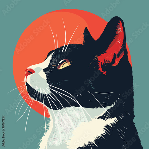 Black white cat profile against red sun, stylish feline portrait, elegant cat illustration. Domestic animal, red circle background, vintage poster style art. Whiskers, shining eyes, majestic looking