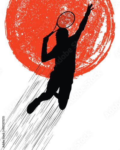 Abstract silhouette of tennis player jumping smash