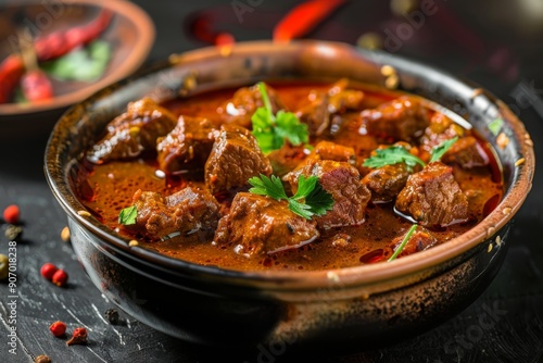 Bowl of Rogan Josh, a flavorful lamb curry with a rich, spicy sauce photo