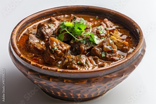 Bowl of Rogan Josh, a flavorful lamb curry with a rich, spicy sauce photo