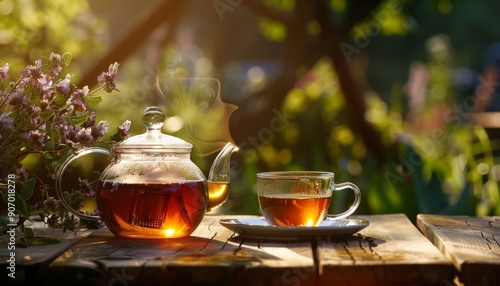 Glass cup teapot filled with aromatic black tea in a summer outdoor setting, capturing relaxation