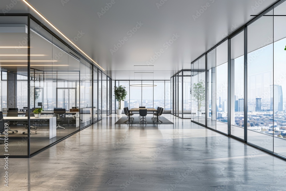 Modern open office space with a separate glass-walled meeting room, large windows, gray floor, and urban cityscape background. Office design concept. 3D, Generative AI Modern open office space with a separate glass-walled meeting room, large windows, gray floor, and urban cityscape background. Office design concept. 3D, Generative AI