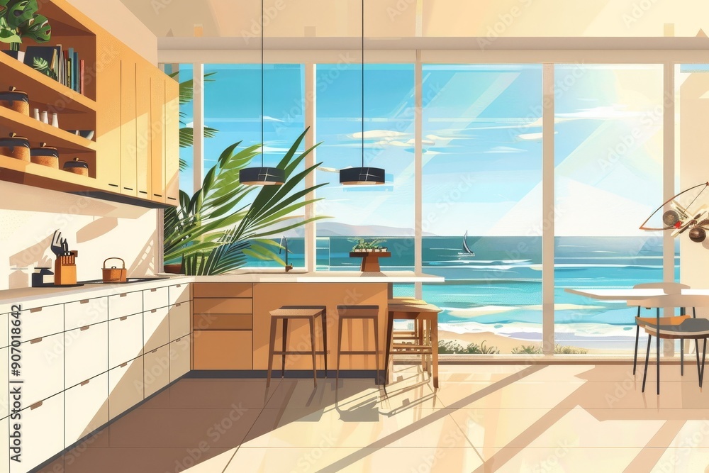 Fototapeta premium Cozy house kitchen interior with bar counter and cabinet, panoramic window, Generative AI