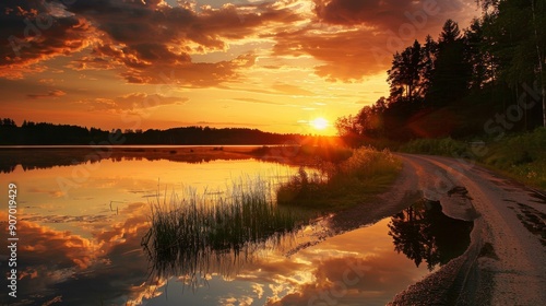 A tranquil landscape featuring a fiery sunset reflected in a calm lake. The setting sun casts golden hues over the water, while a dirt road winds through the scenic countryside.  Peaceful, nature, tra photo