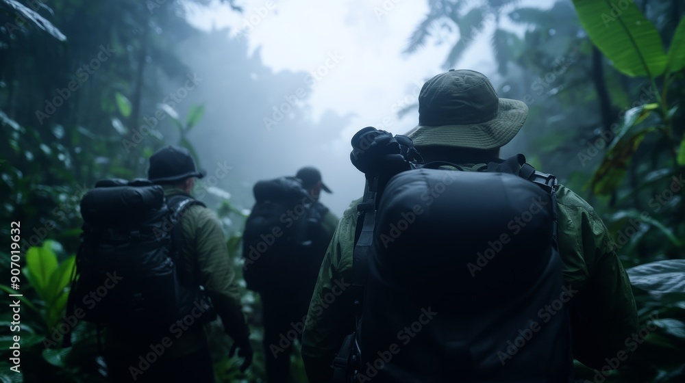 A team of explorers trekking through a dense, misty rainforest, carefully documenting the flora and fauna with advanced equipment, capturing the beauty of biodiversity A team of explorers trekking through a dense, misty rainforest, carefully documenting the flora and fauna with advanced equipment, capturing the beauty of biodiversity
