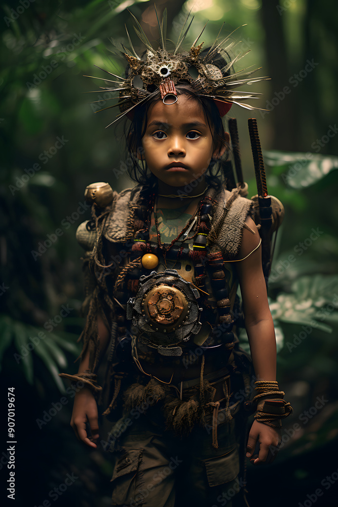 portrait of a tribal kid in the jungle, jungle kid tribal style portrait of a tribal kid in the jungle, jungle kid tribal style