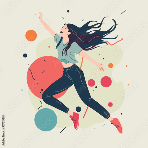 Young woman dancing happily amongst colorful abstract shapes. Female illustrated character joyful, freedom, celebration concept. Casual attire, dynamic pose, hair flowing, exuberance
