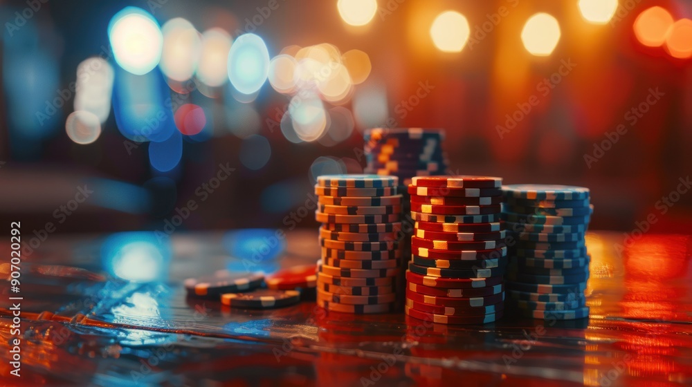 Stacks of Casino Chips on a Table with Blurry Lights Stacks of Casino Chips on a Table with Blurry Lights
