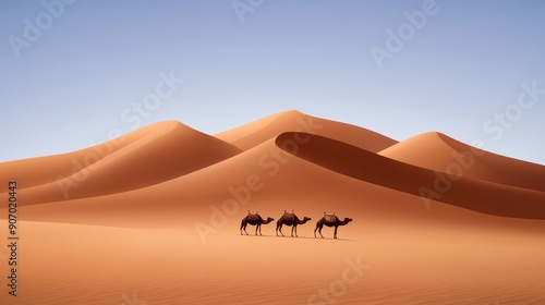 Desert trek, camels and dunes, flat design illustration, high-resolution photo, realistic photo, hyper realistic