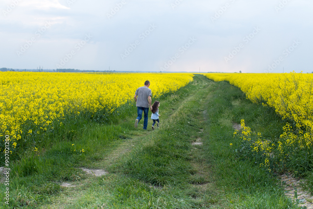 father and daughter running through a blooming field. playing with parents, upbringing, happiness of being a father father and daughter running through a blooming field. playing with parents, upbringing, happiness of being a father