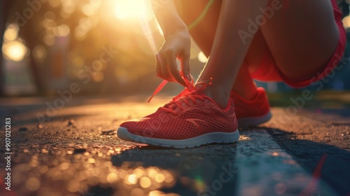 Close-up of a Woman Tying Her Red Running Shoe at Sunset