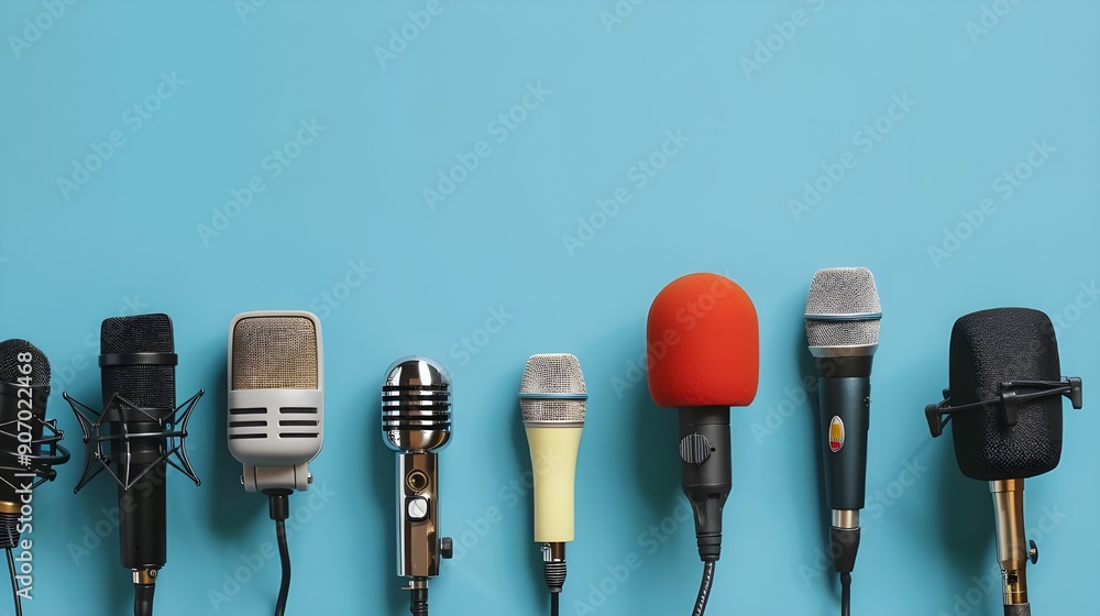 Assortment of Microphones on Blue Background Assortment of Microphones on Blue Background