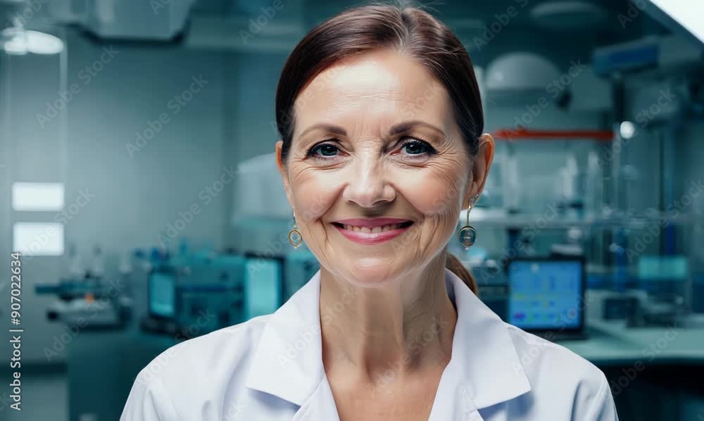Portrait of a smiling female scientist in lab coat looking at camera Portrait of a smiling female scientist in lab coat looking at camera